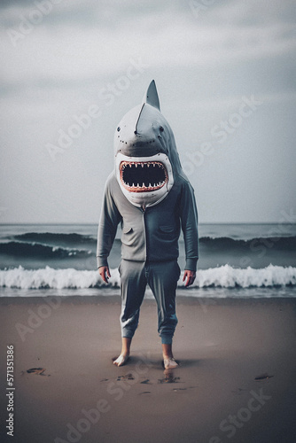 A shakman at the beach, man wearing a shark costume at beach portrait. Generated with AI photo