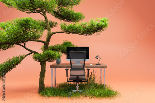 single workspace with pc, desk and chair under single jungle tree and smart spot of grass on infinite orange background; green healthy working conditions concept; 3D Illustration
