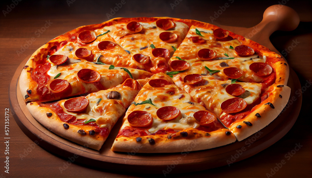 A delicious warm pizza with melted cheese, pepperoni and mushrooms generative AI