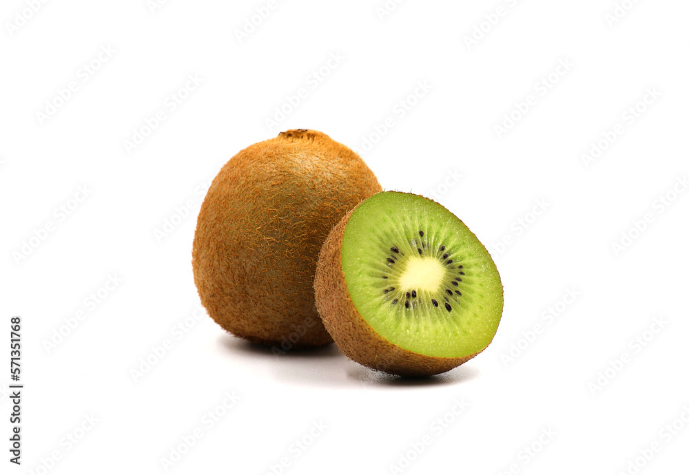 Whole and half kiwi isolated on white background. Whole and half kiwi isolated on white background.