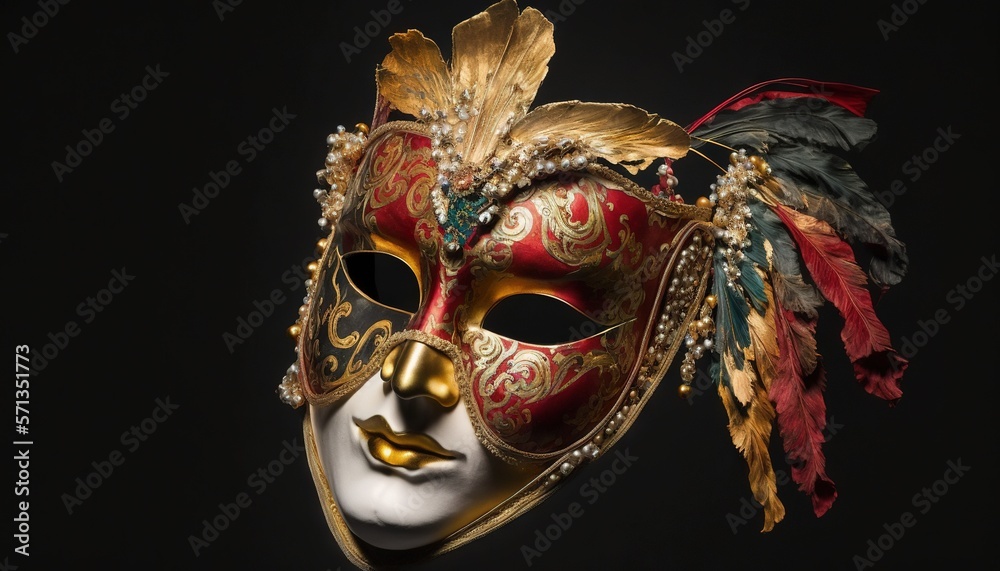  a red mask with gold and green feathers on a black background with a white mask with gold and red feathers on top of the mask.  generative ai