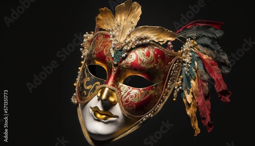  a red mask with gold and green feathers on a black background with a white mask with gold and red feathers on top of the mask.  generative ai © Anna