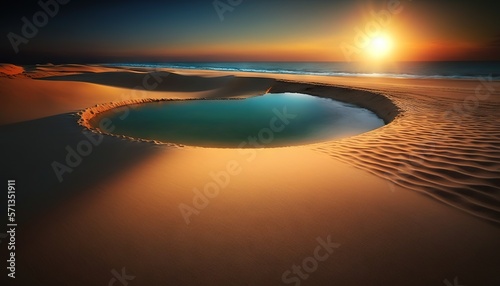  the sun is setting over a body of water in the desert sand dunes  with a small pool of water in the middle of the sand.  generative ai