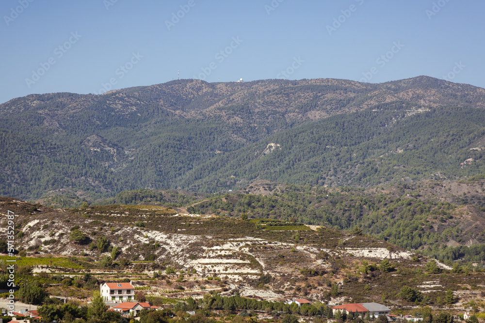 Mount Olympus seen from Omodos town in Troodos Mountains on Cyprus island country