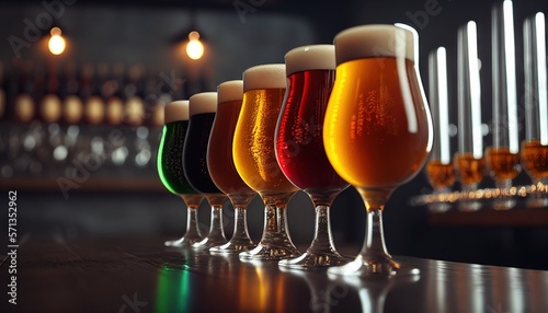 Draft beer in glasses on the bar stand in a row, the background of the blur bar. Generative AI.