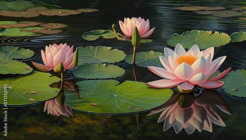  a painting of pink water lilies in a pond with lily pads on the surface of the water and a yellow flower in the center of the lily pad.  generative ai