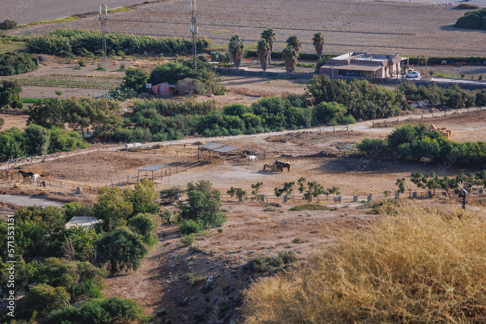 Farm in Sovereign Base Areas of Akrotiri and Dhekelia, British overseas territory seen from Kourion Archaeological Site in Cyprus