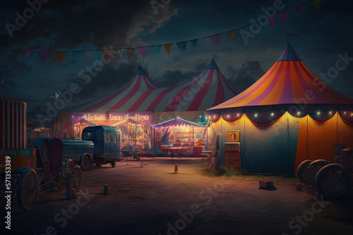 A big and famous bright and colorful circus with an amusement park, trailers, trucks and motorhomes. AI generated illustration.