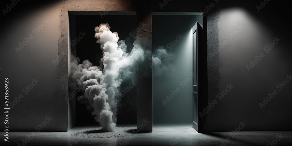 Smoking in a cement chamber with a concrete floor. Black cement wall