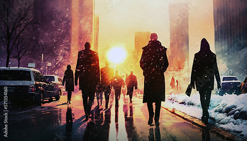 business people walking on urban city street at sunrise sunset, abstract style new quality creative financial business stock image illustration design, Generative AI