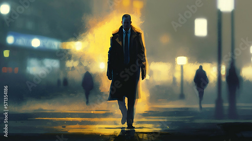 young business man in suit walking on urban city street at sunrise sunset, abstract style new quality creative financial business stock image illustration design, Generative AI