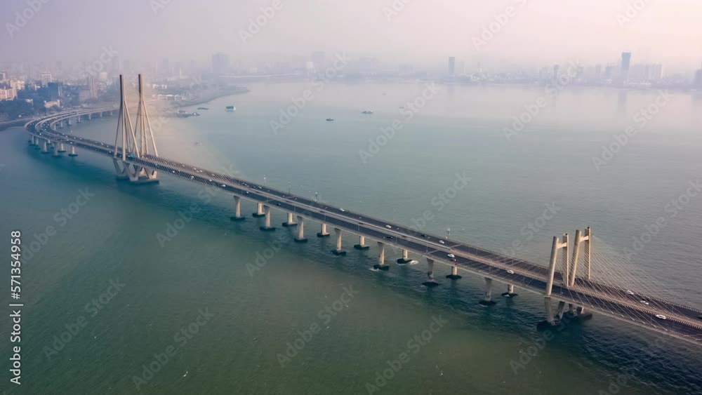 Sea link Mumbai Worli bridge, hyper lapse time lapse aerial drone view, India, 4k cinematic Sea link Mumbai Worli bridge, hyper lapse time lapse aerial drone view, India, 4k cinematic