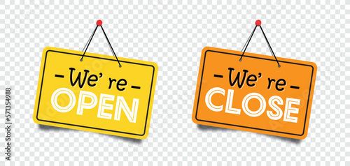 Open the signboard and sorry, we're closed' signboard suitable shop icon we are open door welcome board. Vector illustration.