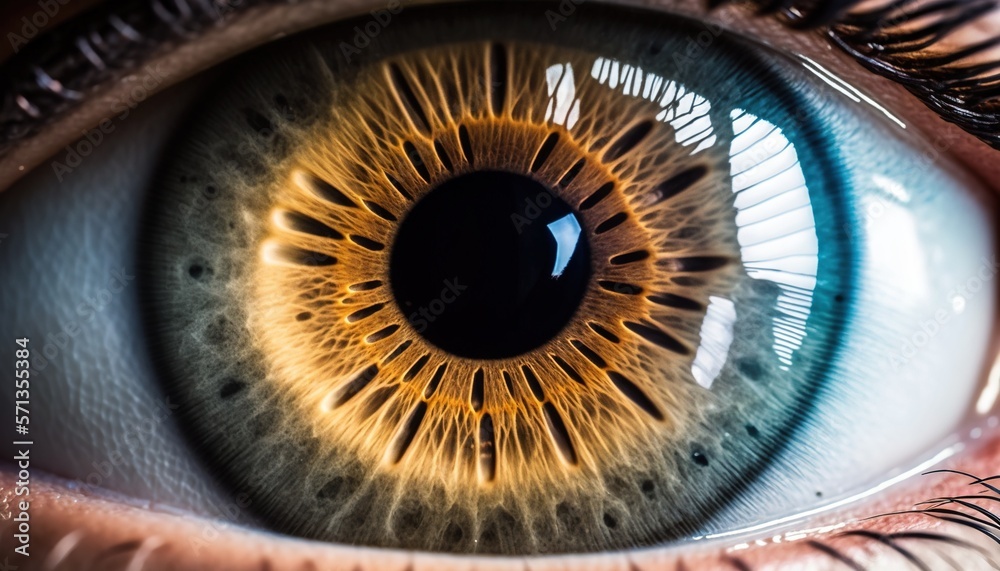  a close up of a human eye with a yellow iris and black iris in the center of the iris and a black spot in the center of the iris.  generative ai