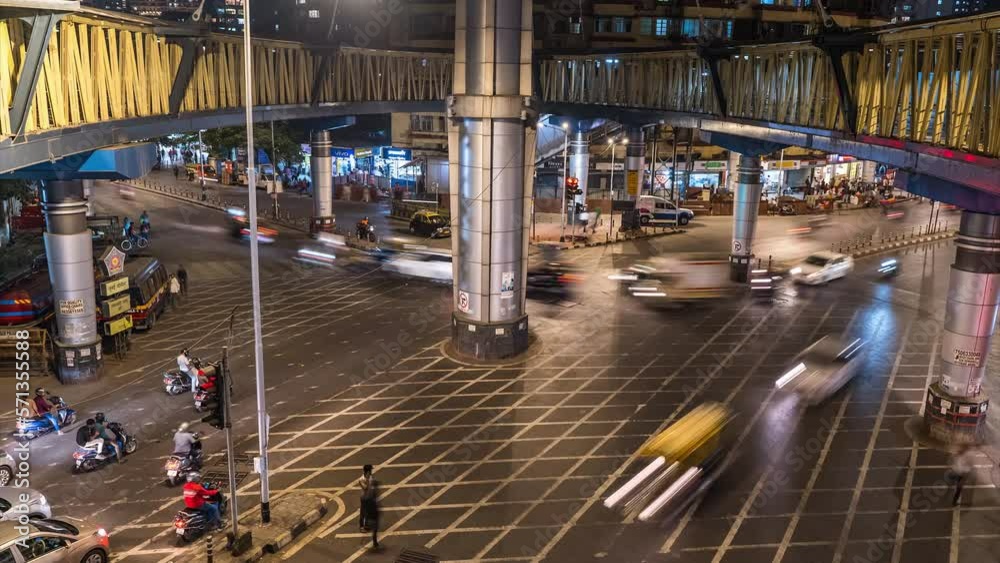 Mumbai busy road traffic night timelapse hyper lapse 4k panoramic, India