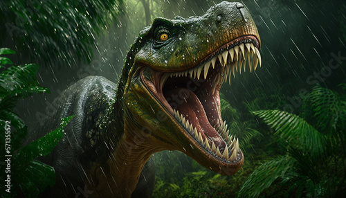 Fényképezés Carnivorous dinosaur in a rainforest. Generative AI