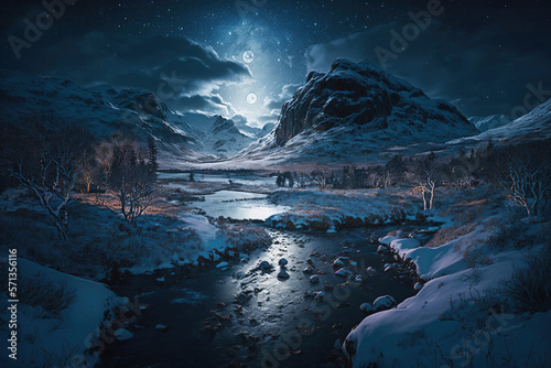snow covered mountains with a river at night.Generative Ai