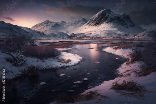 snow covered mountains with a river at night.Generative Ai