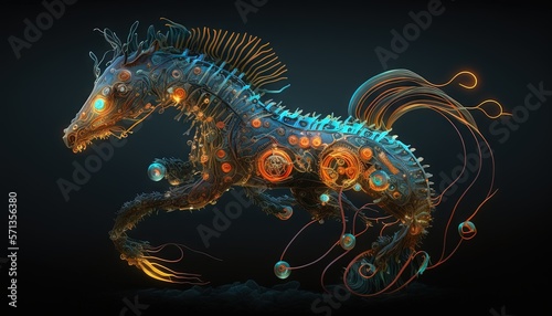  a computer generated image of a sea horse with glowing lights on its body and tail  with a black background and a black background with a black background.  generative ai