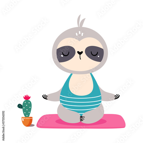 Cute funny baby sloth meditating in lotus yoga pose and relaxing cartoon vector illustration