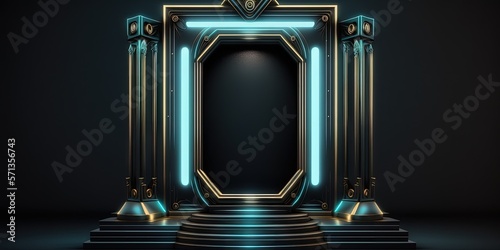 a black backdrop with abstract styling. A blank stage, podium, or display can be used to showcase a product in a futuristic cyberpunk fantasy frame gateway. A hologram with a bright aura. Generative