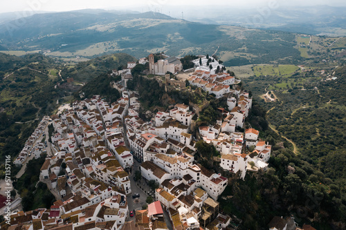 Old ancient Casares city Andalusia Malaga Spain, drone aerial shot photo