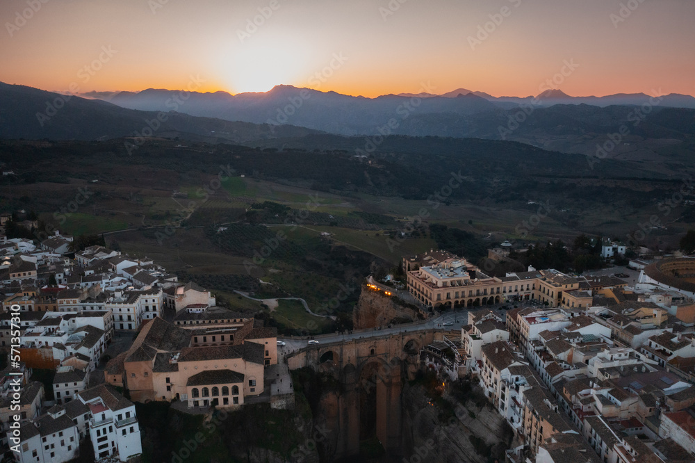 Ronda city sunset, Malaga province Andalusia Spain aerial drone photo 