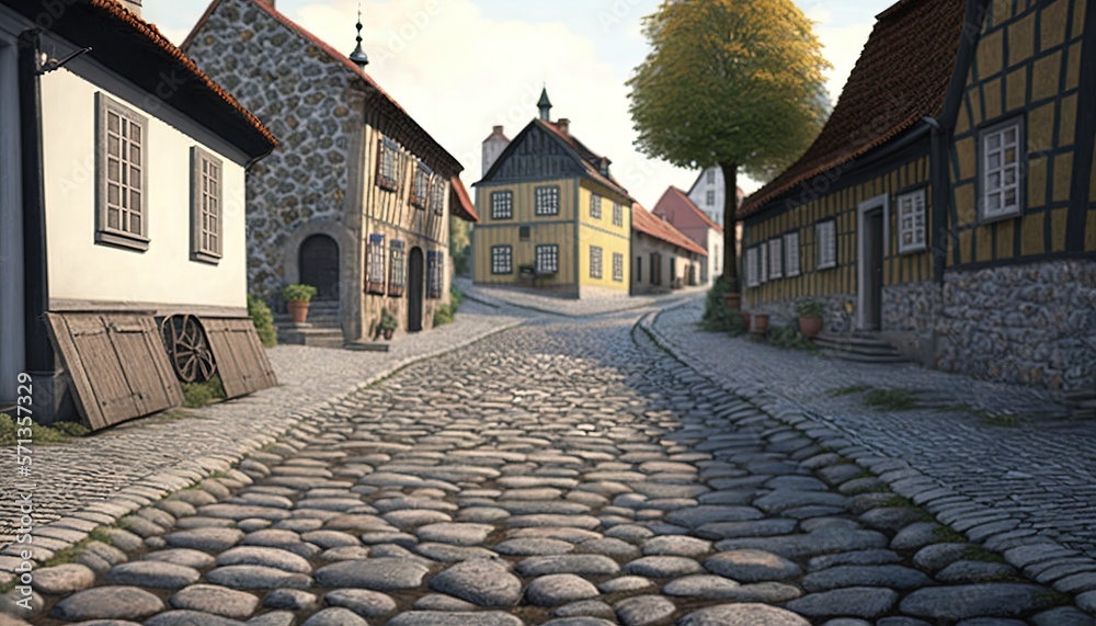 Fototapeta premium a cobblestone street with a cobblestone cobblestone road between two buildings and a cobblestone sidewalk with cobblestones on both sides. generative ai