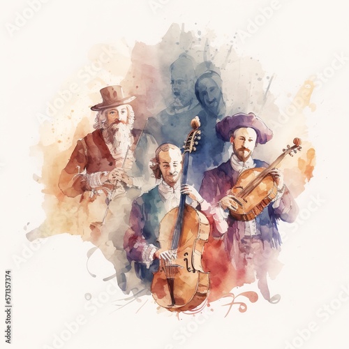 Watercolor illustration musicians, simple baroque style violin music sound bass volume instrumental concert musical opera string sheet music dark black wig Generative AI 