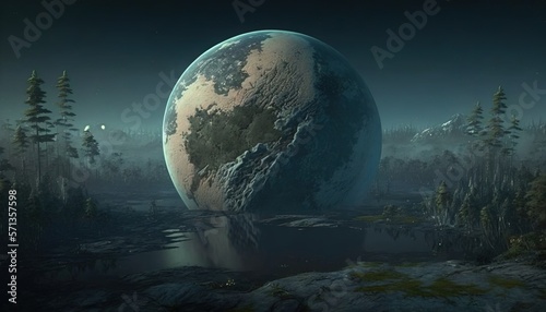 a picture of a planet in the middle of the night with trees around it and a body of water in the foreground with a moon in the distance. generative ai