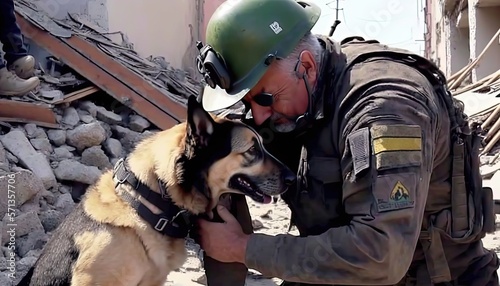 rescue team with K9 dog helping on collapse building area, idea for support Turkey, Syria earthquake disaster, Generative Ai not real people