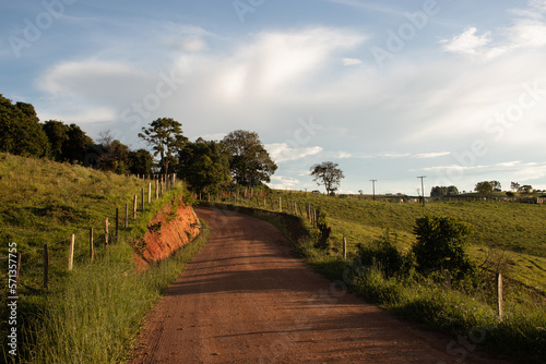 Rural backroad in the countryside, with beautiful late afternoon light and blue sky, Minas Gerais, Brazil  - Estrada vicinal no interior, com luz do fim do dia, Brasil