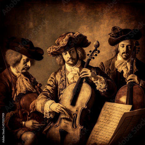 musicians, simple baroque style violin music sound bass volume instrumental concert musical opera string sheet music dark black wig text test trial  in a hat men culture brown Generative AI 
