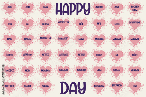 Mother's day card background with mother displayed in multiple languages within ornate floral pink hearts
