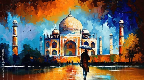paint like illustration of Indian landscape inspired from  Taj Mahal,  Generative Ai photo