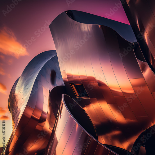 Modern glass and iron building of the pop culture museum at sunset or sunrise, Generative art photo