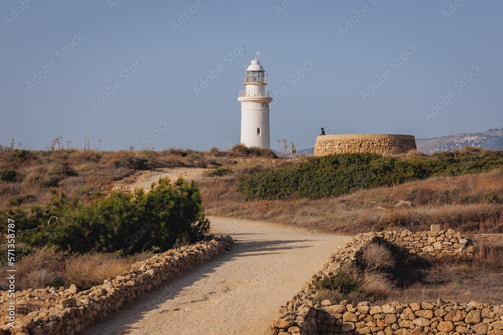 Lighthouse seen from Paphos Archaeological Park in Paphos city, Cyprus island country, view with Lighthouse