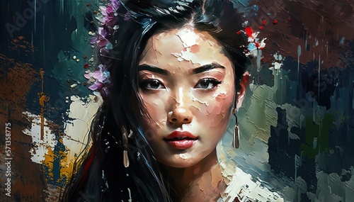 paint like illustration of close up Asian woman face, Generative Ai