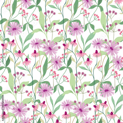 Seamless floral pattern with spring field in delicate colors. Beautiful botanical print with hand drawn wild plants: small pink flowers, leaves, twigs on a white background. Vector illustration.