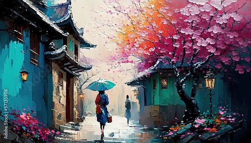 beautiful ancient Asian village small town with people walking on narrow road along with cherry blossom tree in spring time, Generative Ai