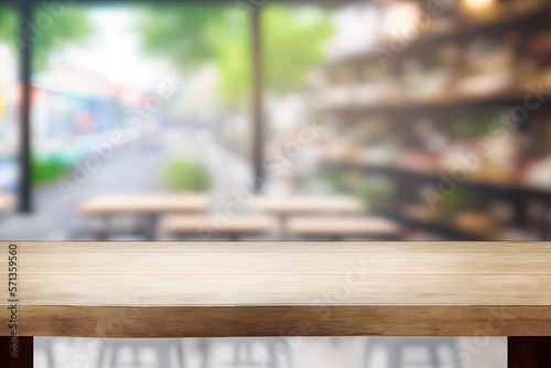 empty wooden table in front of coffee shop's hazy, abstract background. Use the wood table in front to showcase or montage your mercise. Mockup for product display. Generative AI