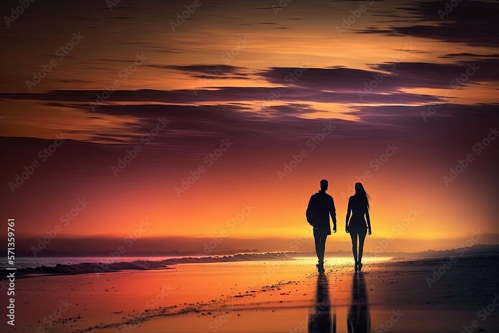 Two People Walking On The Beach In The Sunset