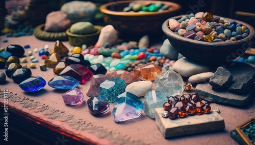 market street stall selling many kind of gemstone, idea for local SME business vendor support theme, Generative Ai