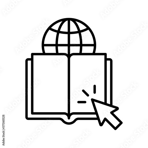 Open book icon with earth. Internet educational resources, online learning courses, open library. Global education.