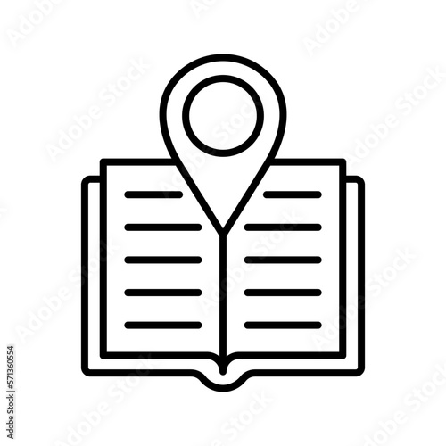 Bookstore location icon. Open book with location mark. City library location, place to read.