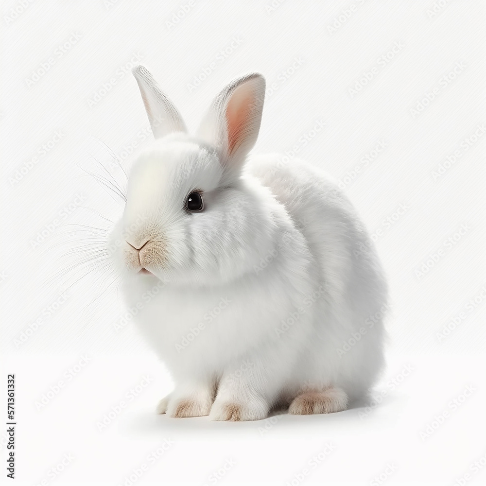 Cute fluffy white bunny on white background. generative AI Cute fluffy white bunny on white background. generative AI