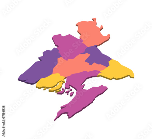 Bangladesh political map of administrative divisions - divisions. Isometric 3D blank vector map in four colors scheme.