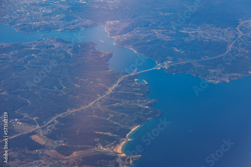 Aerial view from plane window in Turkey, view with The Yavuz Sultan Selim Bridge over Bosporus Strait