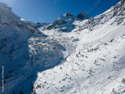Aerial winter view of Rila Mountain near Malyovitsa peak  Bulgaria