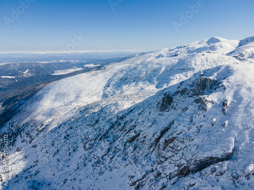 Aerial winter view of Rila Mountain near Malyovitsa peak  Bulgaria